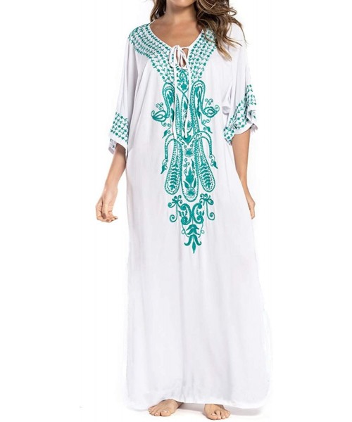 Cover-Ups Womens Sexy V Neck Kaftans Maxi Long Beach Cover up Dress - 01-white - CD196R5CQZR