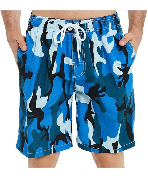 Board Shorts Mens Swim Trunks Long- Quick Dry Mens Boardshorts- 9 Inches Inseam Mens Bathing Suits with Mesh Lining - Camo Bl...