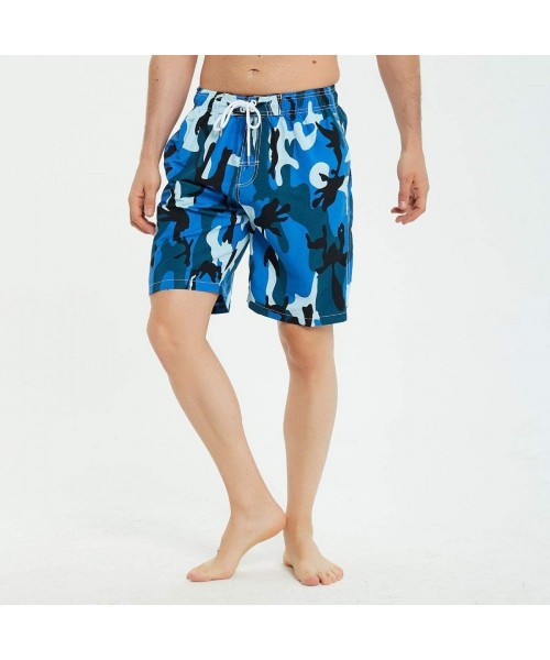 Board Shorts Mens Swim Trunks Long- Quick Dry Mens Boardshorts- 9 Inches Inseam Mens Bathing Suits with Mesh Lining - Camo Bl...