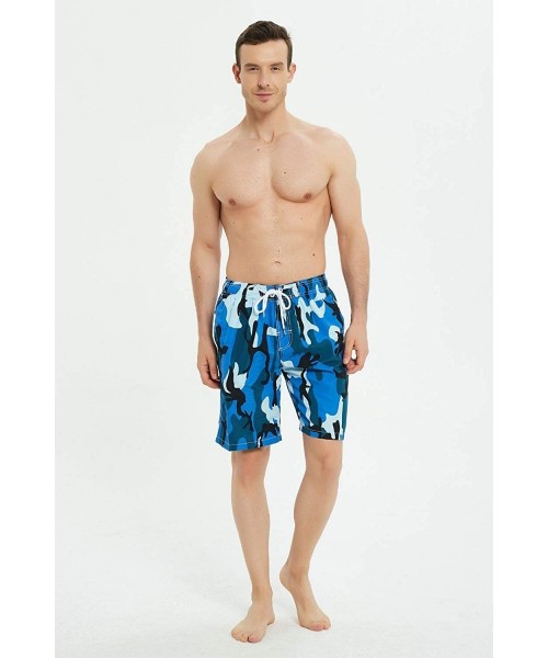 Board Shorts Mens Swim Trunks Long- Quick Dry Mens Boardshorts- 9 Inches Inseam Mens Bathing Suits with Mesh Lining - Camo Bl...