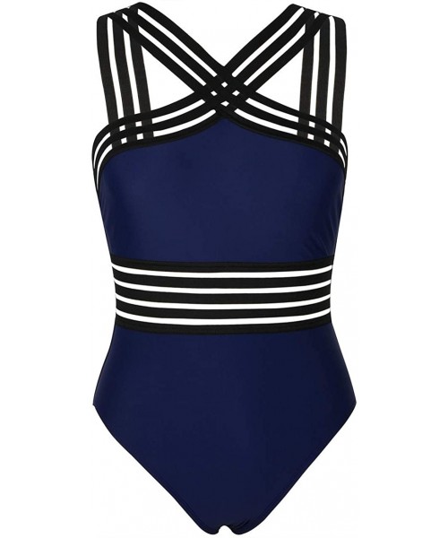 One-Pieces Women's One Piece Swimsuit Crisscross Halter Bathing Suit High Waisted Monokini Swimwear - Navy - CK199U3WK35