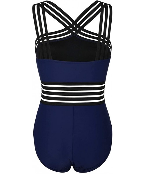 One-Pieces Women's One Piece Swimsuit Crisscross Halter Bathing Suit High Waisted Monokini Swimwear - Navy - CK199U3WK35