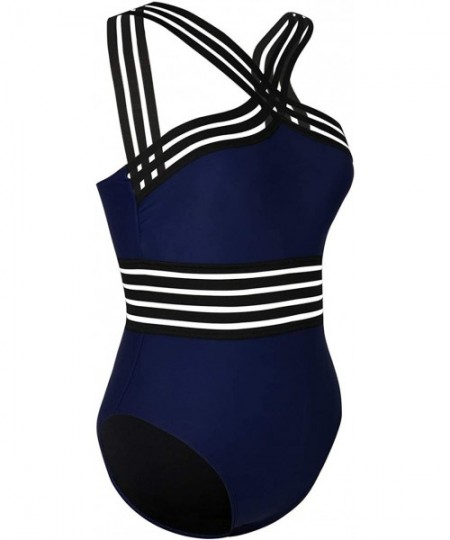 One-Pieces Women's One Piece Swimsuit Crisscross Halter Bathing Suit High Waisted Monokini Swimwear - Navy - CK199U3WK35