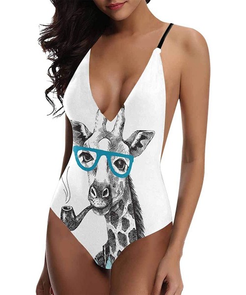 One-Pieces Funny Giraffe Animal V-Neck Women Lacing Backless One-Piece Swimsuit Bathing Suit XS-3XL - Design 10 - CA18RZW2ZT6