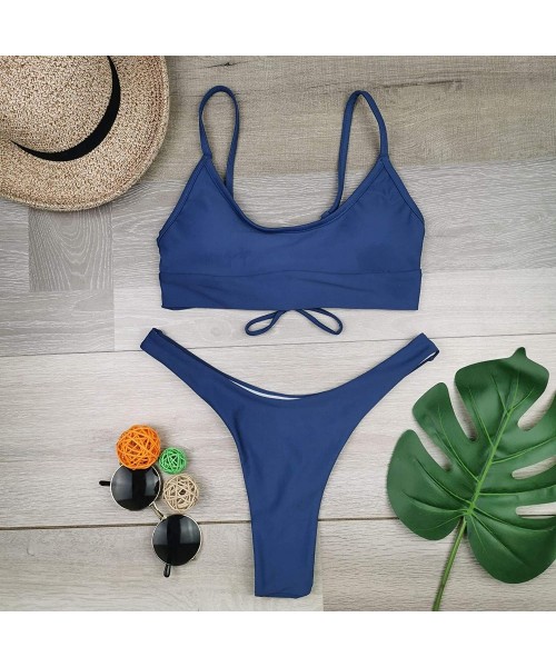 Sets Women's Solid Spaghetti Strap Back Tie Strappy Lace Up Tank Top Bikini Set - Blue - CM196UES6IQ