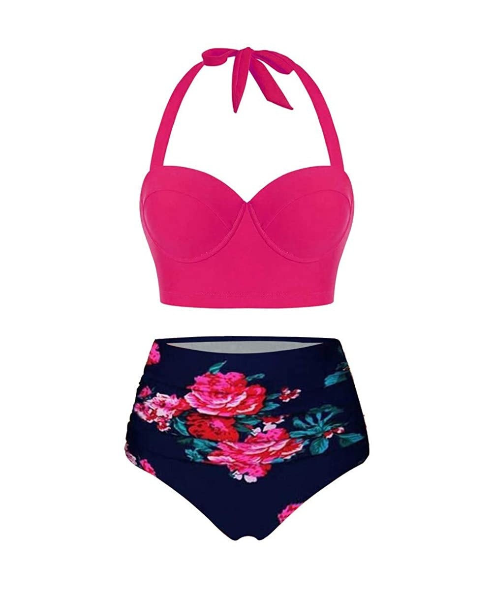 Sets Women Sunflower Swimsuits Set Plus Size High Waist Bathsuit Top with Swim Bottom - Hot Pink - CE1969ZQEG4