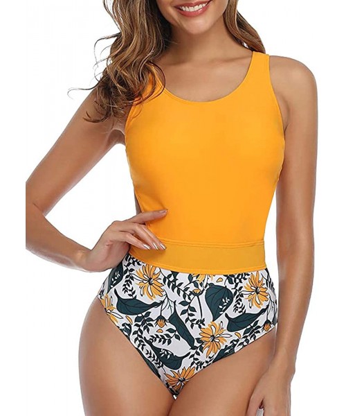 Racing Women Sport One Piece Swimsuit Athletic Tummy Control Bathing Suit High Cut Monokini Swimwear - Yellow - CH19CSYEUNX