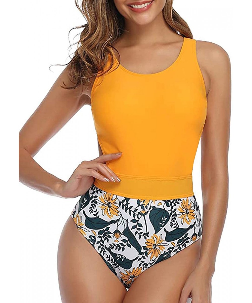 Racing Women Sport One Piece Swimsuit Athletic Tummy Control Bathing Suit High Cut Monokini Swimwear - Yellow - CH19CSYEUNX