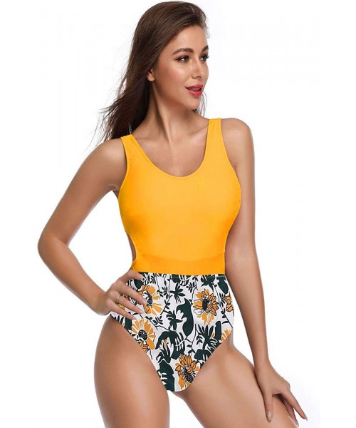 Racing Women Sport One Piece Swimsuit Athletic Tummy Control Bathing Suit High Cut Monokini Swimwear - Yellow - CH19CSYEUNX