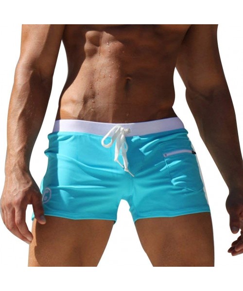 Briefs Mens Swim Trunks Square Leg Swimming Boxer Briefs Beach Shorts Swimsuits with Pocket - Blue - CZ17YWZ65SL