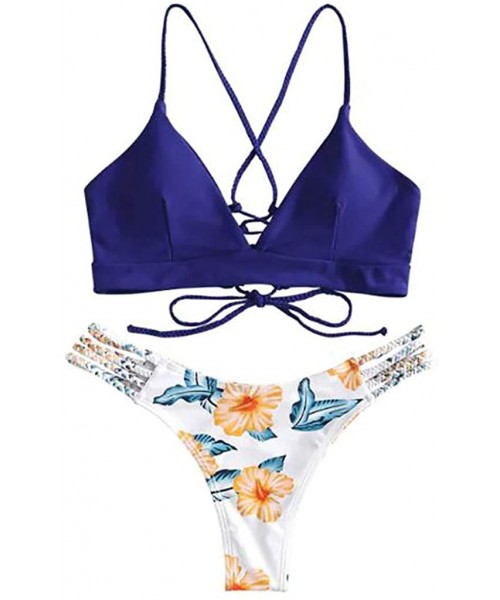 Sets 2020 New Swimsuit for Women Sexy Ladies Bikini Cut Flower Two Piece Push ups Bathing Suits Swimwear Beachwear Blue d - C...