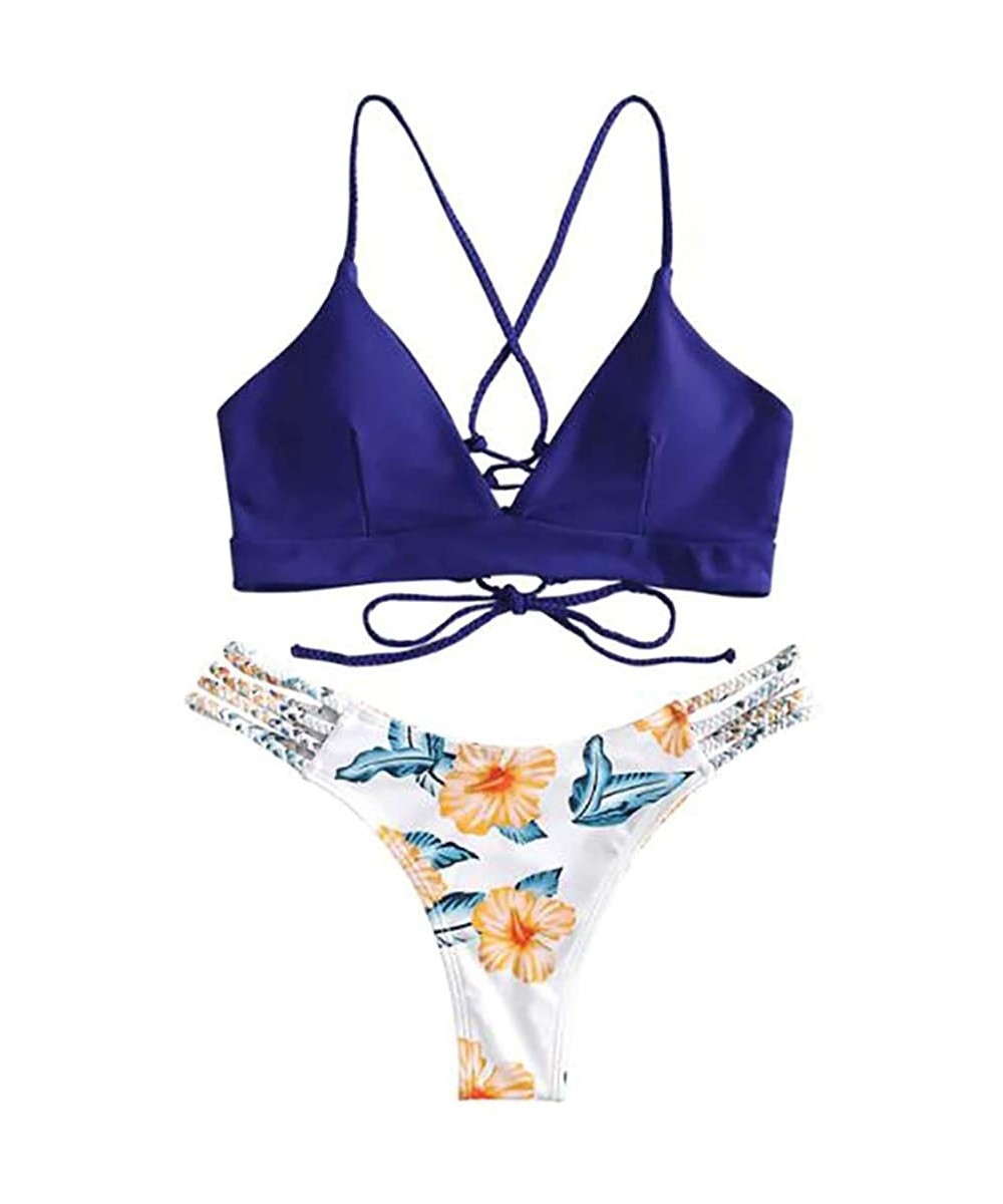 Sets 2020 New Swimsuit for Women Sexy Ladies Bikini Cut Flower Two Piece Push ups Bathing Suits Swimwear Beachwear Blue d - C...