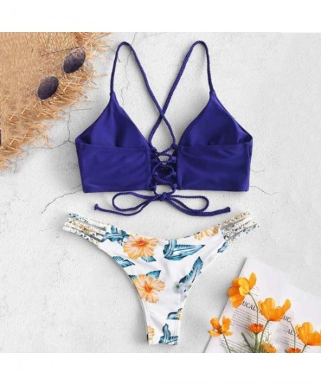 Sets 2020 New Swimsuit for Women Sexy Ladies Bikini Cut Flower Two Piece Push ups Bathing Suits Swimwear Beachwear Blue d - C...