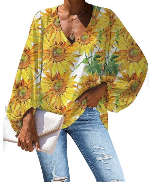 Cover-Ups Deep V Neck Tops and Blouses for Work Sunflower Cover Up Batwing Long Sleeve Loose Shirts - Sunflower 4 - CR1932ETMU6