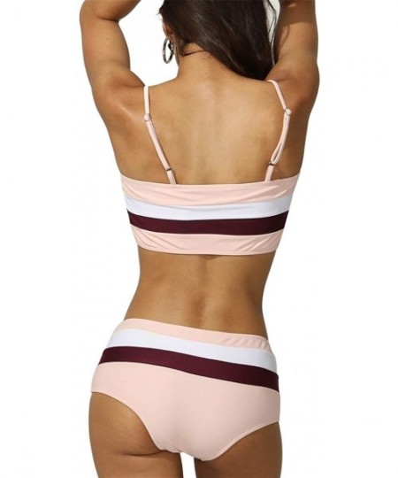 Sets Women Striped Swimsuit Bandeau High Waisted Bikini Color Block Bathing Suit - Pink - CQ1966QQ56T