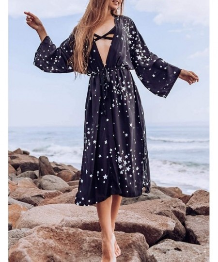 Cover-Ups Women's Sexy Fashion Loose Bikini Swimwear Cover Up Long Kimono Cardigan - Pentagram Print - C7194GDWKDM