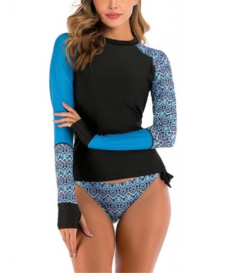 Rash Guards Womens Long Sleeve Rashguard Shirt Color Block Print Tankini Swimsuit Surfing Swimsuit Bathing Suit - Blue - CB19...