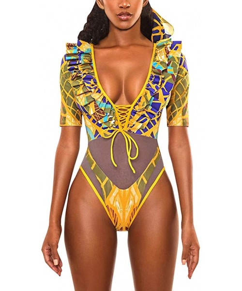 Sets Women Tribal Print Bikini African Beachwear Push-Up Padded Swimsuit - Yellow - CB194RD3M8C