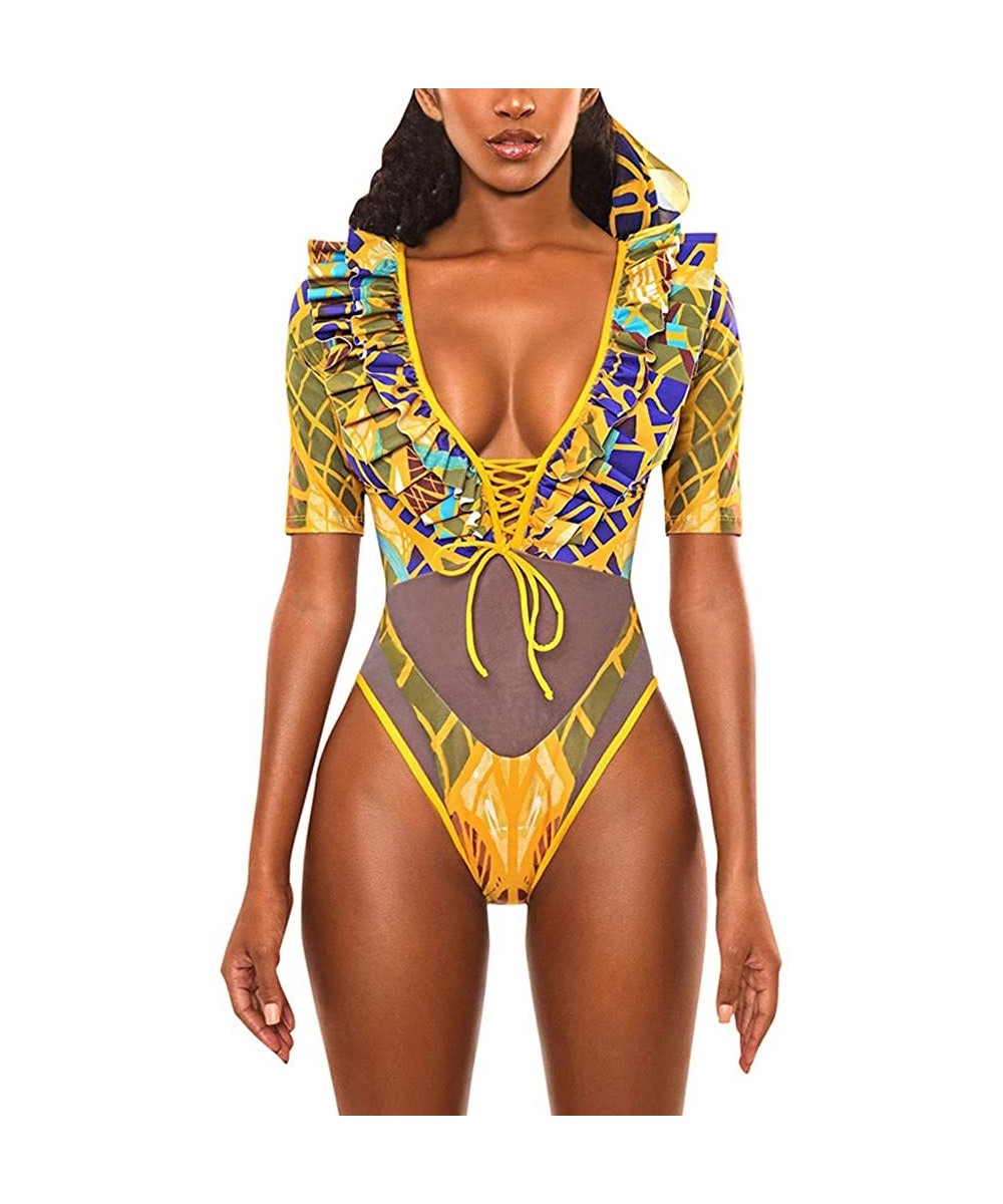 Sets Women Tribal Print Bikini African Beachwear Push-Up Padded Swimsuit - Yellow - CB194RD3M8C