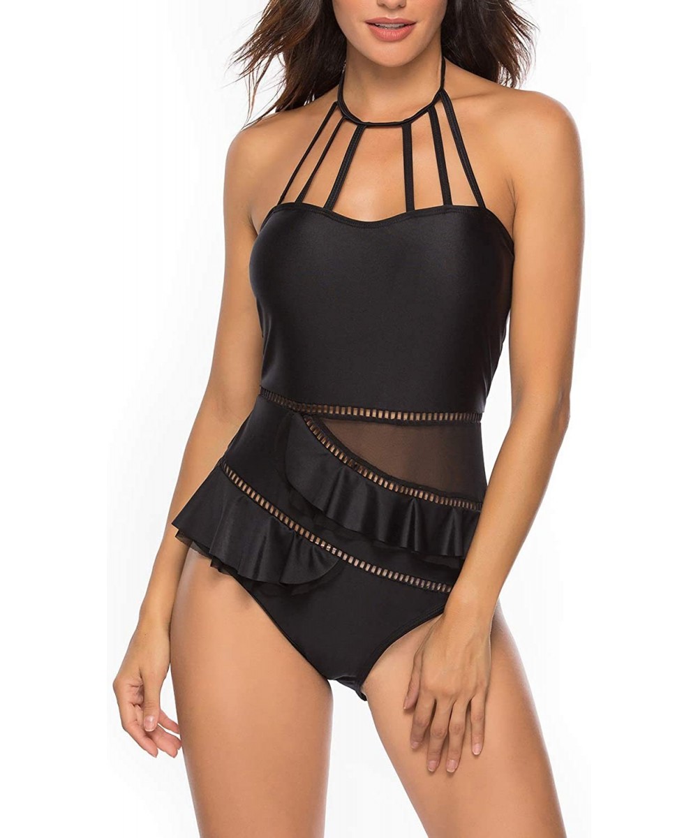 One-Pieces Women's One Piece Keyhole Halter Neck Flounce Mesh Bottom Swimwear - Black - CX18TURU7IX