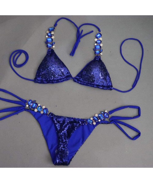 Sets Women Crystal Drill Sequins Bikini Set Beach Swimwear Beachwear Swimsuit - Blue - CT18OELEG30