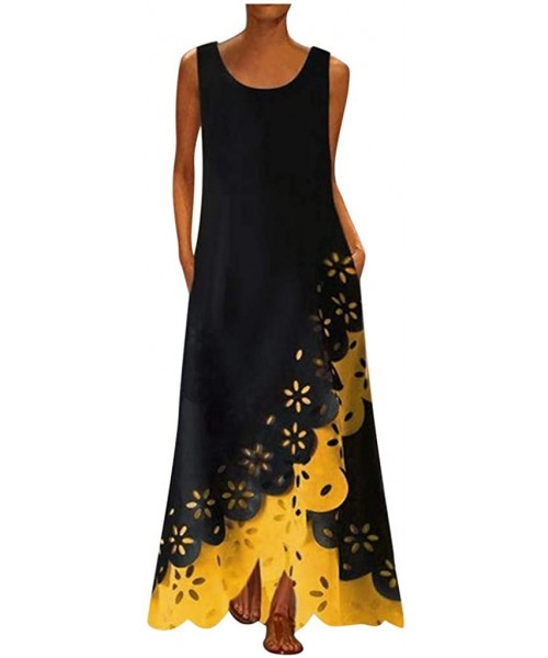 Cover-Ups Women's Sleeveless V-Neck Floor-Length Casual Dress with Pockets - W-yellow - CV18UAT8ULT