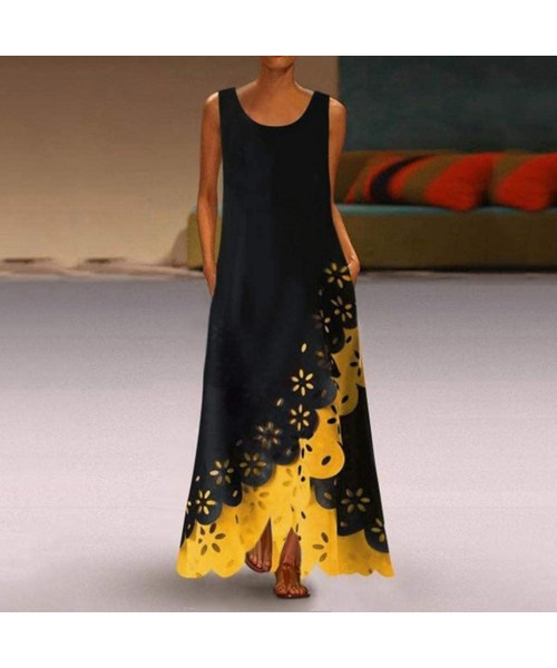 Cover-Ups Women's Sleeveless V-Neck Floor-Length Casual Dress with Pockets - W-yellow - CV18UAT8ULT