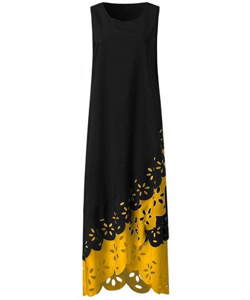 Cover-Ups Women's Sleeveless V-Neck Floor-Length Casual Dress with Pockets - W-yellow - CV18UAT8ULT