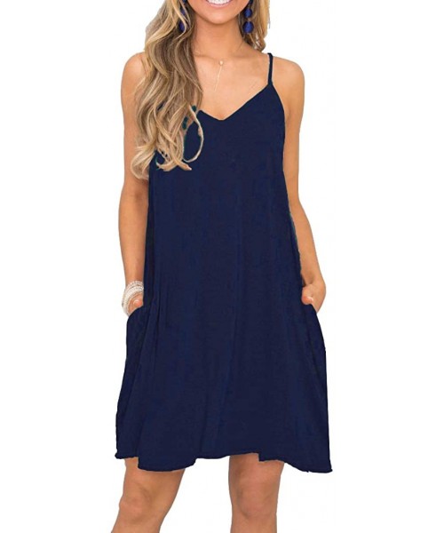 Cover-Ups Women's Summer Spaghetti Strap Casual Swing Tank Beach Cover Up Dress with Pockets - 0navy Blue - CO18QOACS94