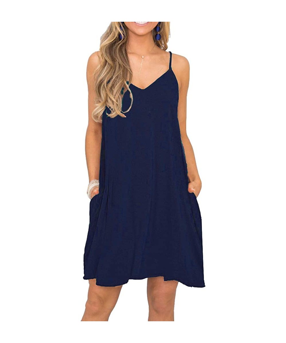 Cover-Ups Women's Summer Spaghetti Strap Casual Swing Tank Beach Cover Up Dress with Pockets - 0navy Blue - CO18QOACS94