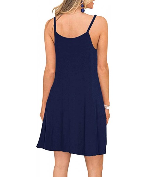 Cover-Ups Women's Summer Spaghetti Strap Casual Swing Tank Beach Cover Up Dress with Pockets - 0navy Blue - CO18QOACS94