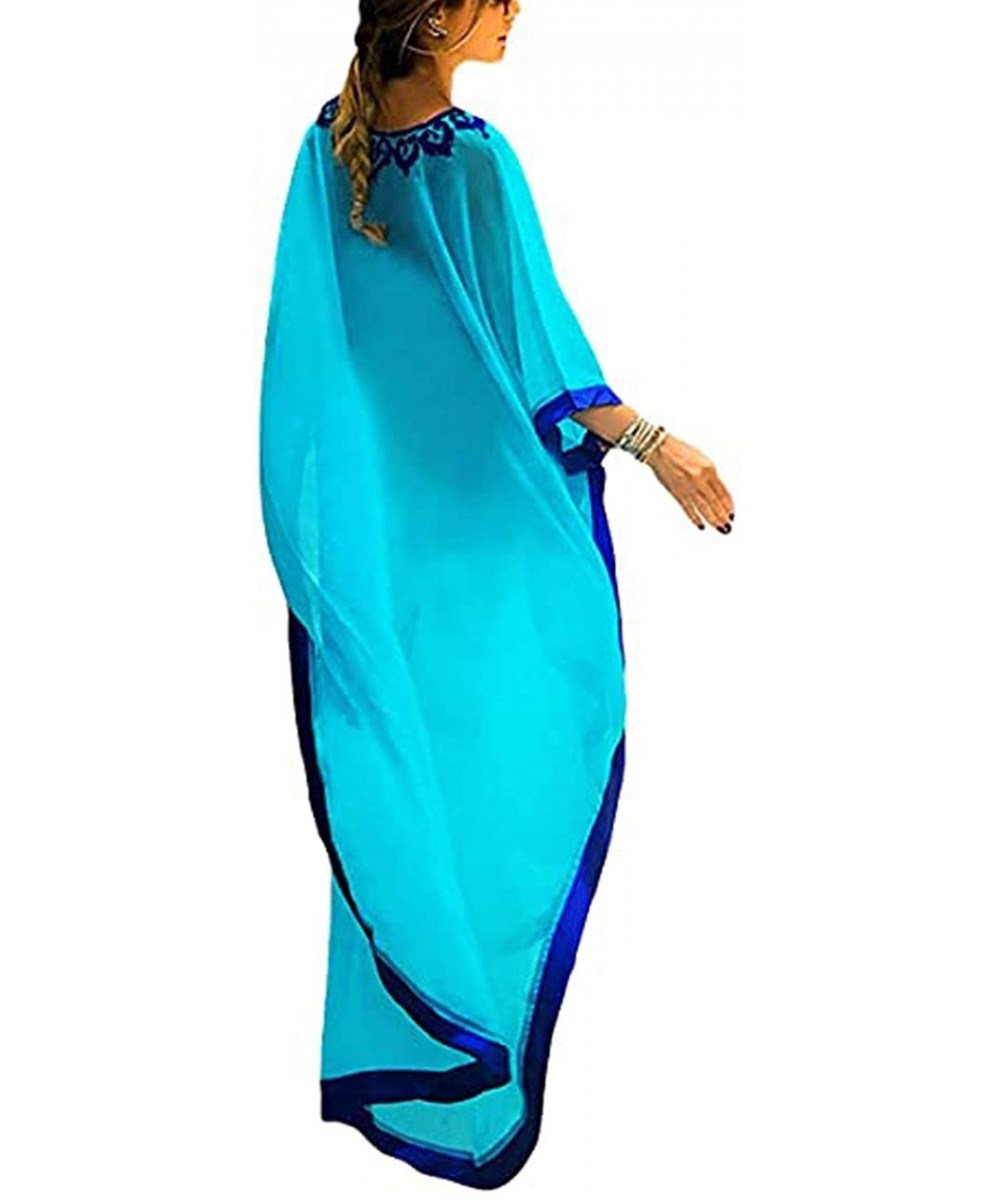 Cover-Ups Women's Swimwear Turkish Kaftans Floral Print Swimsuit Cover up Caftan Beach Maxi Long Dress - Embroidered-a-blue -...