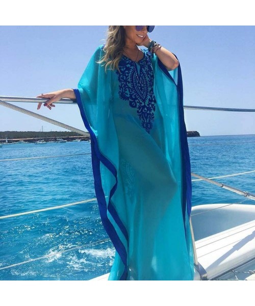 Cover-Ups Women's Swimwear Turkish Kaftans Floral Print Swimsuit Cover up Caftan Beach Maxi Long Dress - Embroidered-a-blue -...