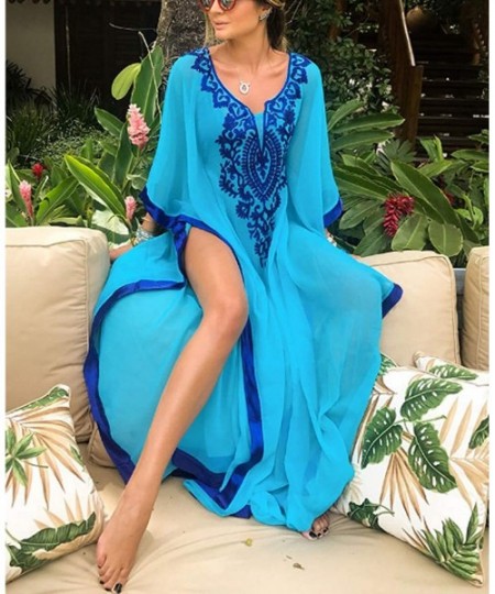 Cover-Ups Women's Swimwear Turkish Kaftans Floral Print Swimsuit Cover up Caftan Beach Maxi Long Dress - Embroidered-a-blue -...