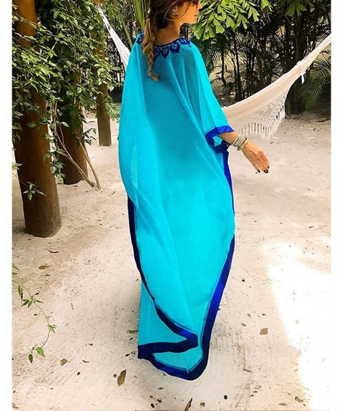 Cover-Ups Women's Swimwear Turkish Kaftans Floral Print Swimsuit Cover up Caftan Beach Maxi Long Dress - Embroidered-a-blue -...