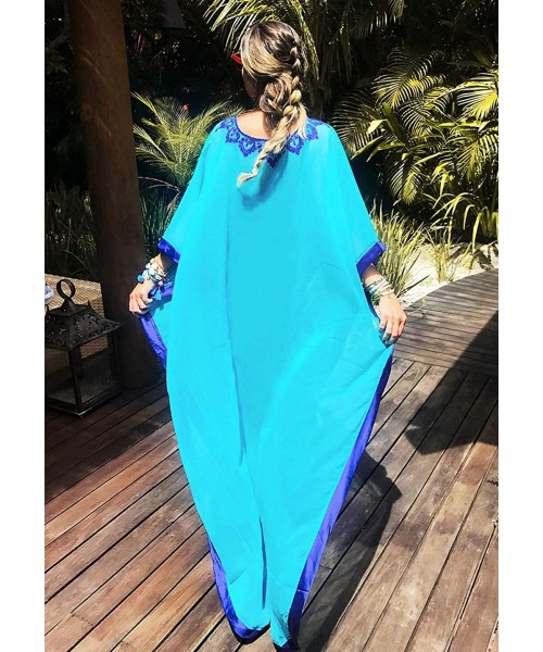 Cover-Ups Women's Swimwear Turkish Kaftans Floral Print Swimsuit Cover up Caftan Beach Maxi Long Dress - Embroidered-a-blue -...