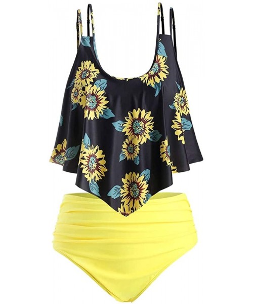 Sets Summer Women's Comfortable and Sexy Sunflower Contrast Overlay Plus Size Tankini Set - Night - CG18TKGR9T7