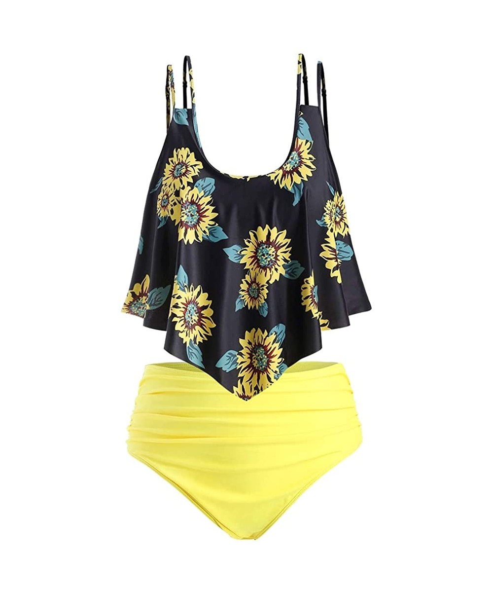 Sets Summer Women's Comfortable and Sexy Sunflower Contrast Overlay Plus Size Tankini Set - Night - CG18TKGR9T7