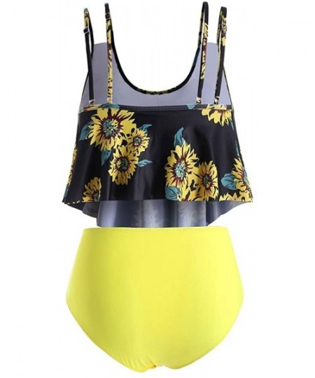 Sets Summer Women's Comfortable and Sexy Sunflower Contrast Overlay Plus Size Tankini Set - Night - CG18TKGR9T7