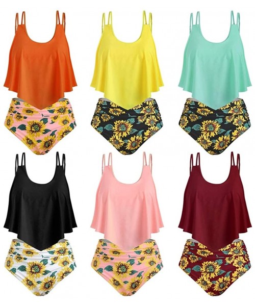 Sets Summer Women's Comfortable and Sexy Sunflower Contrast Overlay Plus Size Tankini Set - Night - CG18TKGR9T7