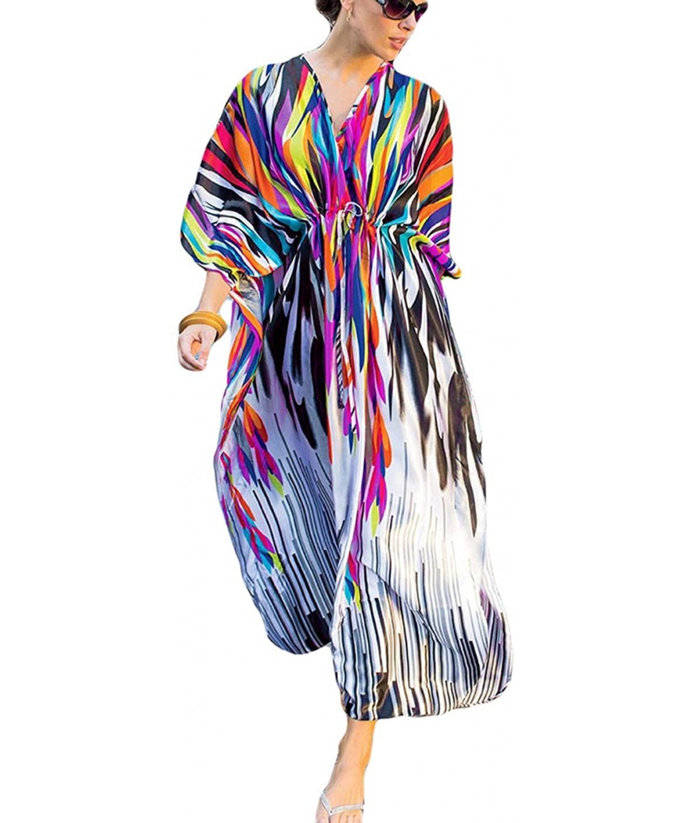 Cover-Ups Women Loose Kaftan Swimsuit Cover Up Beach Long Casual Caftan Dress - Colorful Print3 - CD18L954824