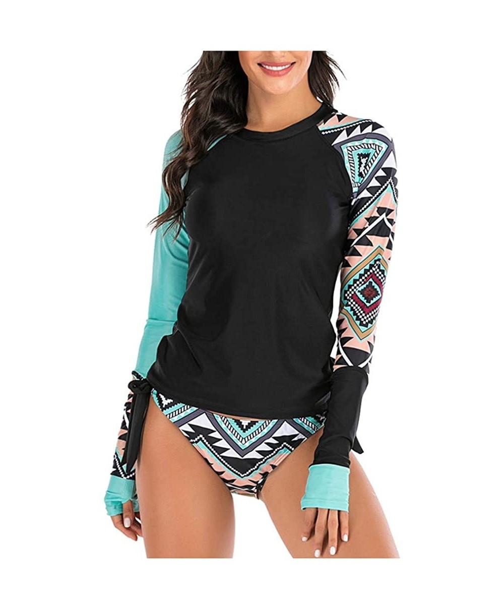 Racing Women's Long Sleeves Rash Guard Athletic Swimwear Two Piece Aztec Tankini Sets Swimsuit - 01 Geo Black - C7194L5YU3H