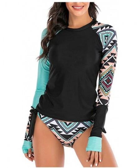 Racing Women's Long Sleeves Rash Guard Athletic Swimwear Two Piece Aztec Tankini Sets Swimsuit - 01 Geo Black - C7194L5YU3H