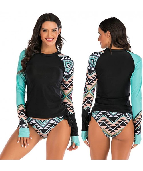 Racing Women's Long Sleeves Rash Guard Athletic Swimwear Two Piece Aztec Tankini Sets Swimsuit - 01 Geo Black - C7194L5YU3H