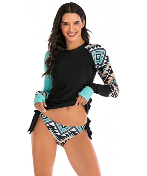 Racing Women's Long Sleeves Rash Guard Athletic Swimwear Two Piece Aztec Tankini Sets Swimsuit - 01 Geo Black - C7194L5YU3H