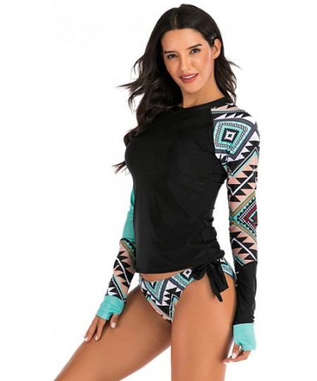 Racing Women's Long Sleeves Rash Guard Athletic Swimwear Two Piece Aztec Tankini Sets Swimsuit - 01 Geo Black - C7194L5YU3H