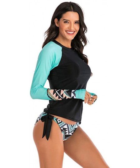 Racing Women's Long Sleeves Rash Guard Athletic Swimwear Two Piece Aztec Tankini Sets Swimsuit - 01 Geo Black - C7194L5YU3H