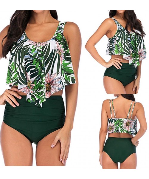 Sets Women Bikini Plus Size Ruffle Lotus Leaf Print High Waist Split Two Piece Swimsuits Set - Green - CE18QZ8NITE