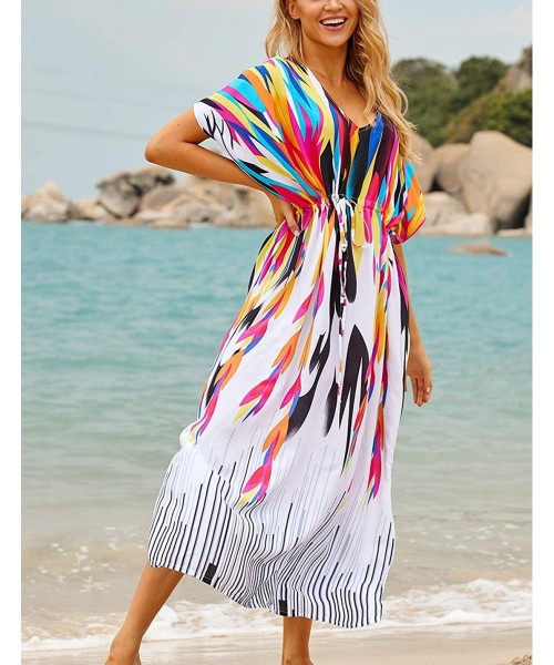 Cover-Ups Women Loose Kaftan Swimsuit Cover Up Beach Long Casual Caftan Dress - Colorful Print3 - CD18L954824