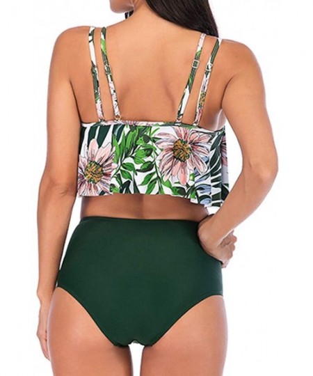 Sets Women Bikini Plus Size Ruffle Lotus Leaf Print High Waist Split Two Piece Swimsuits Set - Green - CE18QZ8NITE